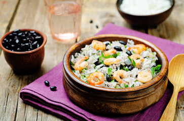 Black beans cilantro shrimp lime rice in a bowl