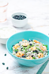 Black beans cilantro shrimp lime rice in a bowl