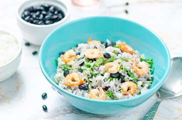 Black beans cilantro shrimp lime rice in a bowl