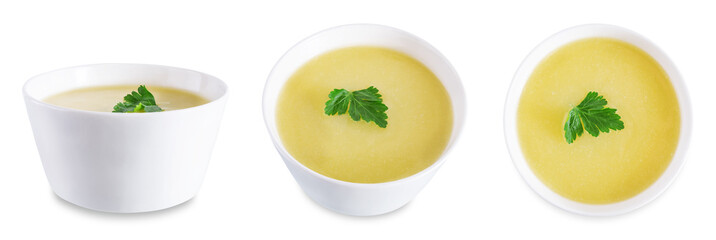 Potato cauliflower puree soup in a bowl on a white isolated background