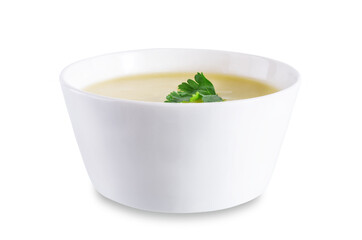 Potato cauliflower puree soup in a bowl on a white isolated background