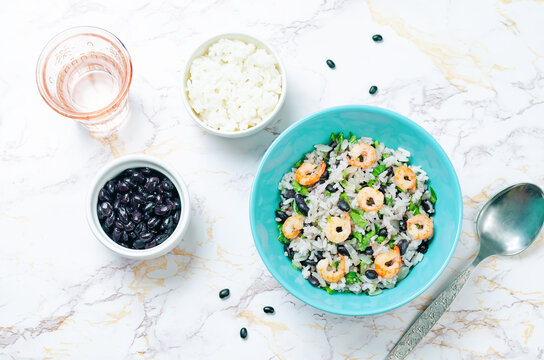 Black Beans Cilantro Shrimp Lime Rice In A Bowl