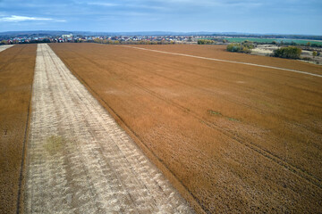 Aerial landscape view of yellow cultivated agricultural field with ripe wheat on bright summer day