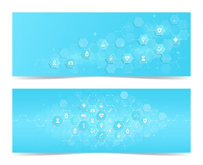 Medical banner set. Collection of posters for medicine website design. Digital world and modern technologies, stylish icons in hexagon. Cartoon flat vector illustrations isolated on white background