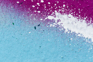 Macro close-up of light blue, purple and white spray paint with splashes. Abstract full frame textured splattered graffiti background with copy space.