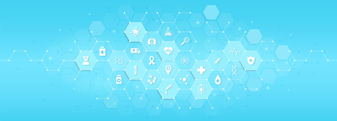 Medical blue banner. Digital technologies and modern technologies. Collection of stylish icons for site in form of DNA molecule. Genetic engineering and biotechnology. Cartoon flat vector illustration