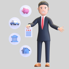 businessman holding document taxes character 3d illustration render