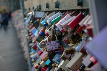 Love locks on Hohenzollern Bridge  in the city of Cologne, Germany