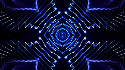 3d render. Abstract sci-fi background with glow particles form curved lines, surfaces, hologram structures or virtual digital space. Blue motion design bg with symmetrical pattern. Cross structure.