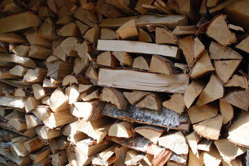 A neatly folded pile of firewood. The sun partially illuminates a neatly stacked stack of firewood. Birch chocks are stacked perpendicular to each other forming a wall.