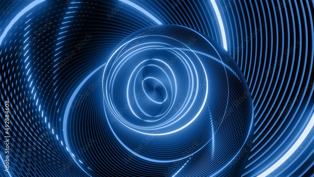 Aufkleber 3d render. abstract geometric bg with rings form complex twisted spiral and light effects. rings fla
