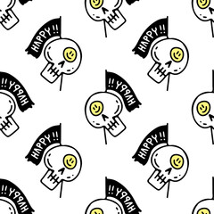 Skull and flag with happy typography, Background seamless pattern illustration for t-shirt, sticker, or apparel merchandise. With retro, and doodle cartoon style.