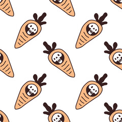 Trendy Carrot skull, Background seamless pattern illustration for t-shirt, sticker, or apparel merchandise. With retro, and doodle cartoon style.