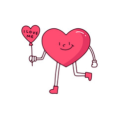 Heart character holding love balloon, illustration for t-shirt, street wear, sticker, or apparel merchandise. With retro, and cartoon style.