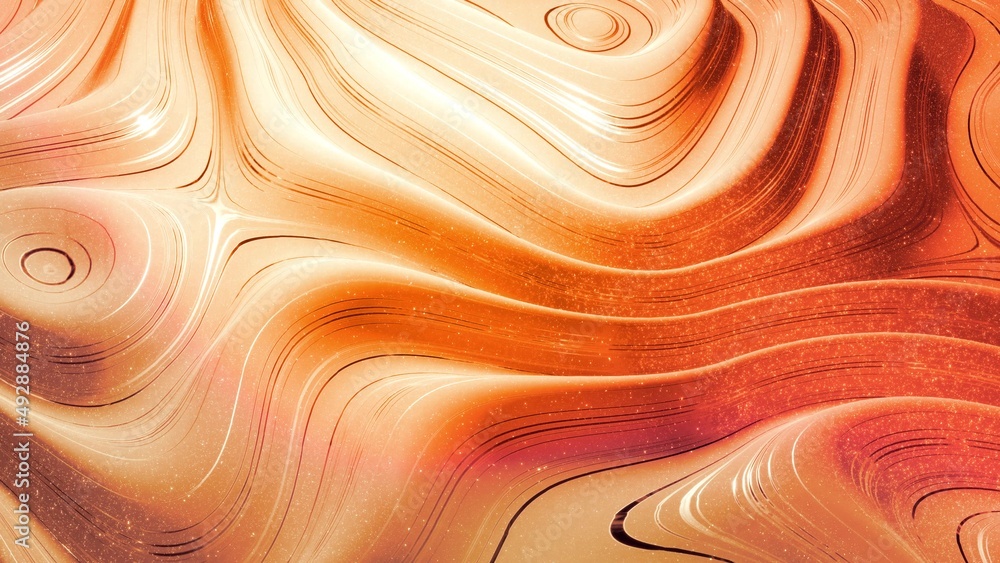Poster abstract background with wavy sparkling golden liquid pattern on shiny glossy surface. viscous yello