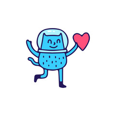 Astronaut cat character with heart symbol, illustration for t-shirt, street wear, sticker, or apparel merchandise. With retro, and cartoon style.