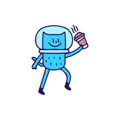 Astronaut cat mascot with cup of coffee, illustration for t-shirt, street wear, sticker, or apparel merchandise. With retro, and cartoon style.