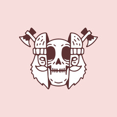 Two half of lumberjack head with skull inside, illustration for t-shirt, street wear, sticker, or apparel merchandise. With doodle, retro, and cartoon style.