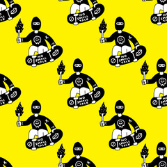 Man with robber mask riding skateboard, seamless pattern background illustration for t-shirt, sticker, or apparel merchandise. With doodle, retro, and cartoon style.