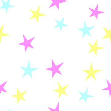 Pink blue yellow stars vector seamless pattern graphic design.