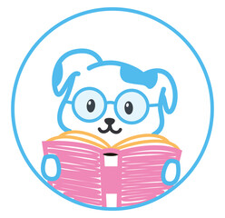 A cute puppy is reading a book. A dog with glasses. Vector illustration