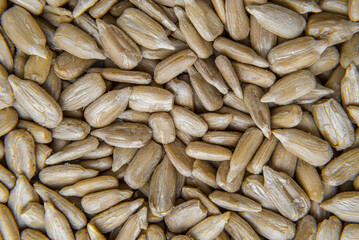 Peeled sunflower seed in a spoon sclose-up background pattern, top view  full frame  
