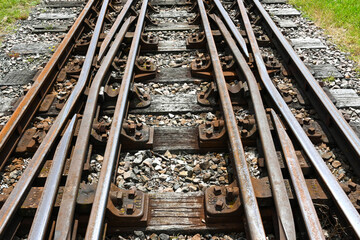 Fototapeta premium Rails converging at a set of points on a railway track. No people.