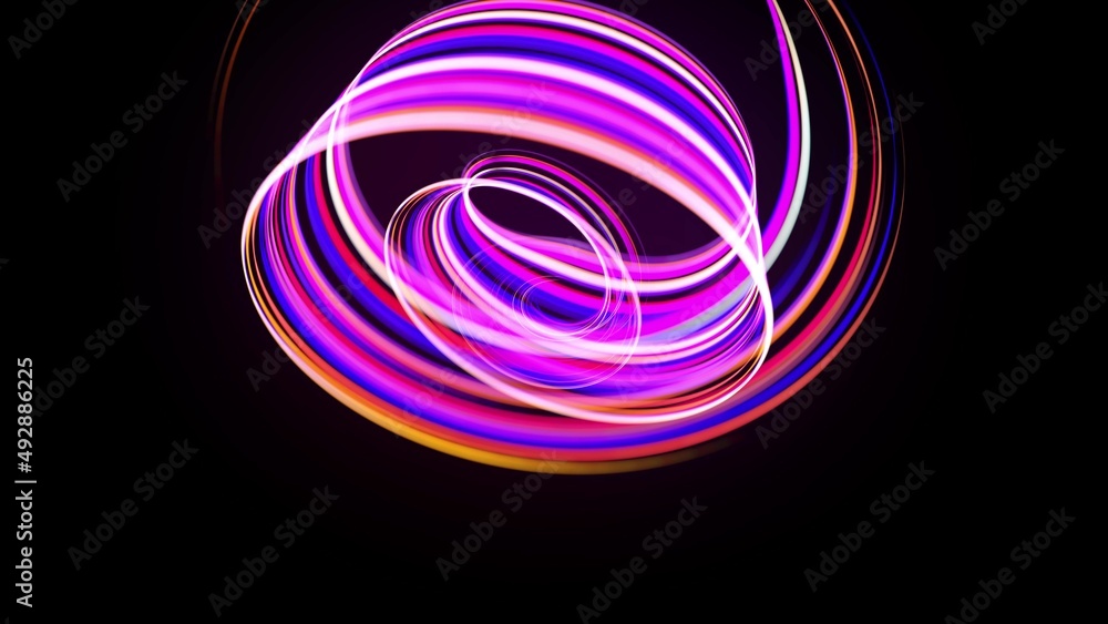 Poster motion graphics, sci-fi bg. stream of multicolor neon lines form spiral shape, curls and pattern. ab