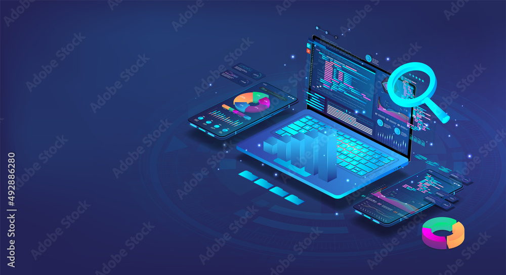 Leinwandbilder 3D Data analytics on different devices phone or laptop in isometry. Software development and application coding process. Business analytics, programming or cross-platform code testing. Vector 3D