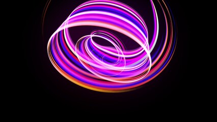 Motion graphics, sci-fi bg. Stream of multicolor neon lines form spiral shape, curls and pattern. Abstract background with light trails, Modern trendy motion design bg. Light flow bg. 3d render