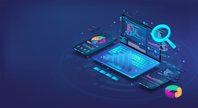 3D Data Analytics On Different Devices Phone Or Laptop In Isometry. Software Development And Application Coding Process. Business Analytics, Programming Or Cross-platform Code Testing. Vector 3D