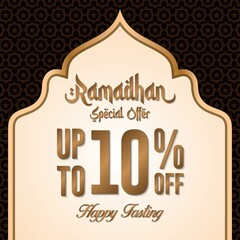 Ramadan sale poster promotion, Special offer up to 10% off with gold color, and landscape mosque. Islamic Background. Vector Illustration.