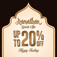 Ramadan sale poster promotion, Special offer up to 20% off with gold color, and landscape mosque. Islamic Background. Vector Illustration.