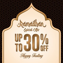Ramadan sale poster promotion, Special offer up to 30% off with gold color, and landscape mosque. Islamic Background. Vector Illustration.