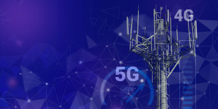 Telecommunications tower with 4G, 5G transmitters, cellular base station with transmitter antennas on abstract cyberspace triangulated background with icons. Communication Mobile Technology concept