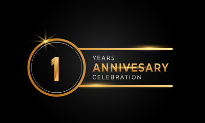 1 Year Anniversary Celebration Golden and Silver Color with Circle Ring for Celebration Event, Wedding, Greeting card, and Invitation Isolated on Black Background