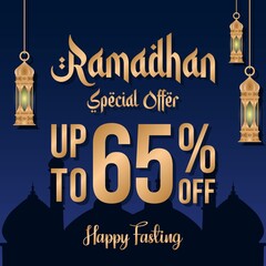 Ramadan sale poster promotion, Special offer up to 65% off with lantern, and landscape mosque. Islamic Background. Vector Illustration.