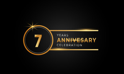 7 Year Anniversary Celebration Golden and Silver Color with Circle Ring for Celebration Event, Wedding, Greeting card, and Invitation Isolated on Black Background