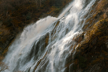 Close up view of Powerscourt waterfall in the sunlight 
