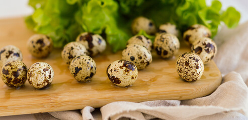 Farm quail eggs on a wooden kitchen board with green lettuce leaves.The concept of proper healthy food.