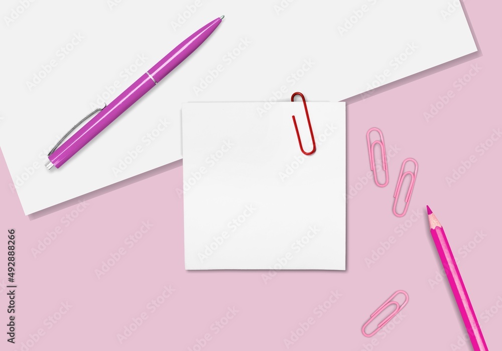 Poster Blank notepad, sticky notes mock up, pink background office desk