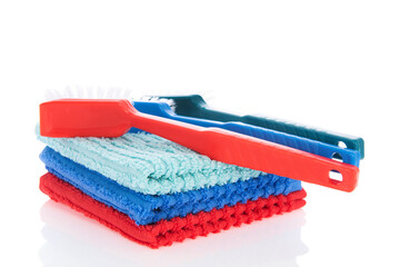 Colorful cleaning wipes and brushes