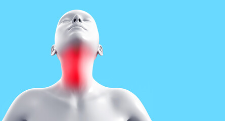 3d render artwork illustration of female gray colored figure with throat pain on blue background.