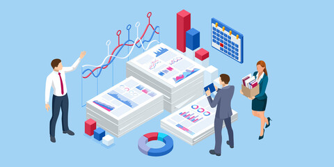 Isometric concept of business analysis, analytics, research, strategy statistic, planning, marketing, study of performance indicators.