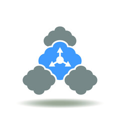 Vector illustration of clouds computing networking with arrows. Icon of hybrid cloud. Symbol of internet database, web server network.