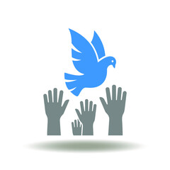 Vector illustration of hands reach for dove. Icon of hope, kindness, charity, peace. Symbol of no, stop war.
