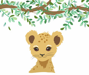 Little lion under the leaves.