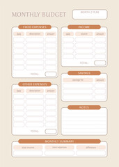 Vector orange brown pastel printable monthly budget planner, CMYK - obrazy, fototapety, plakaty