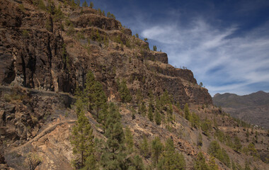 Gran Canaria, landscape of the southern part of the island along Barranco de Arguineguín steep and deep ravine
with vertical rock walls, circular hiking route starting at a hamlet Barranquillo Andres
