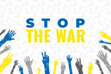 Stop War Anti Military Concept with Plenty Hands of Various People Showing Open Palm and Peace Sign and - Ukranian National Colors on White Background - Mixed Graphic Design